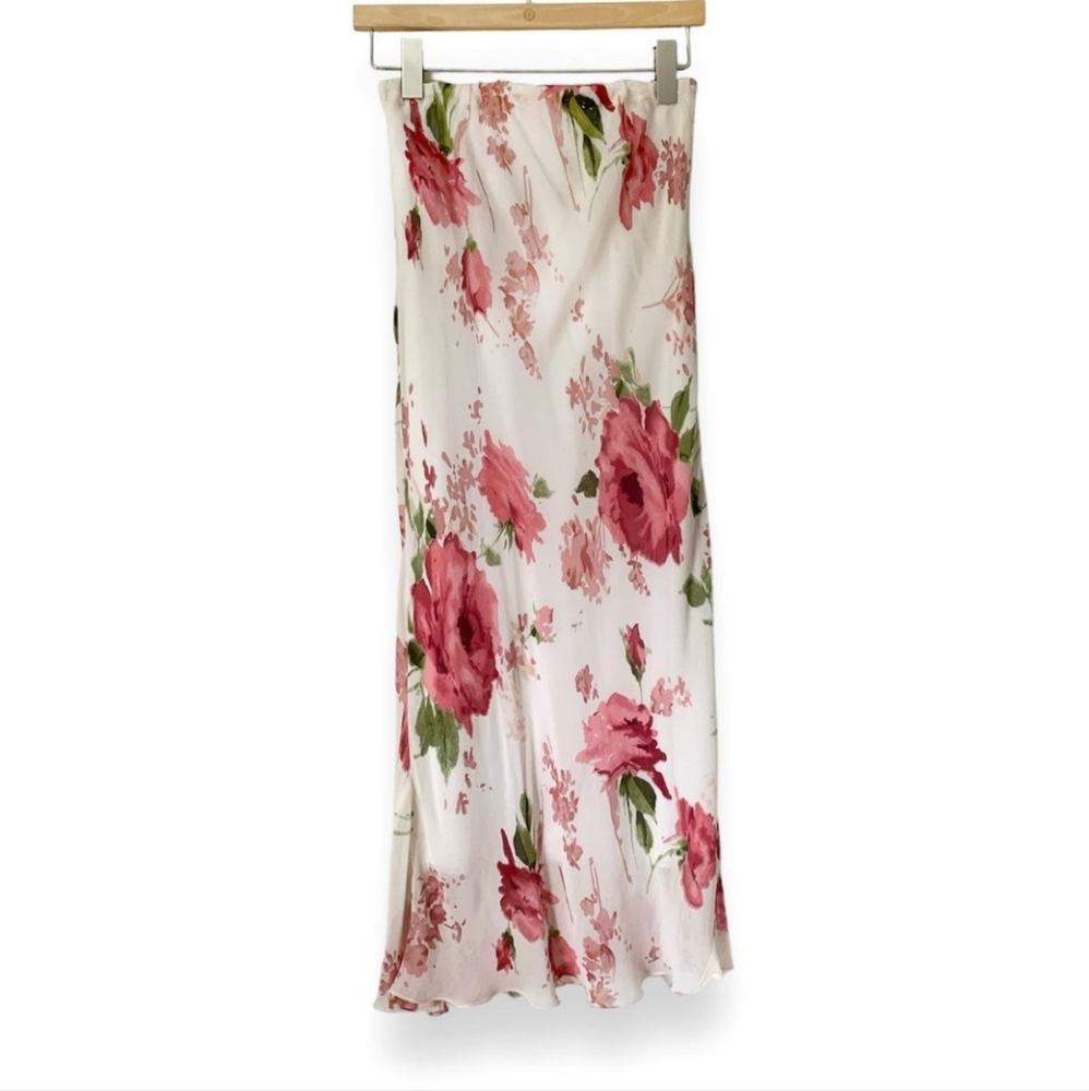 Ethereal Pink Cream Fairycore floral coquette silk maxi skirt (Offers Welcome)